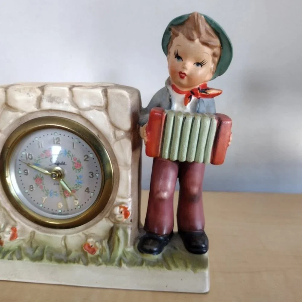 Vintage Sheffield Hummel Style Clock Wind Up Alarm Clock Boy and Girl Folk Art
